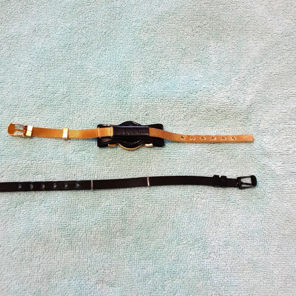 Versace-Inspired Black Leather Bracelet with Gold Medallion & Gold Mesh Strap